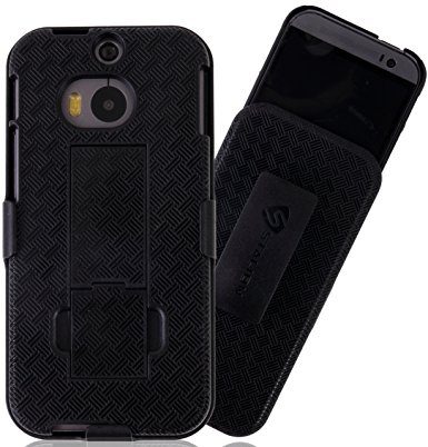 HTC One M8 Holster Belt Clip Case: Stalion® Secure Holster Shell & Kickstand Combo (Jet Black) 180° Degree Rotating Locking Swivel   Shockproof Protection (Not for HTC One M7, M9 or E8)