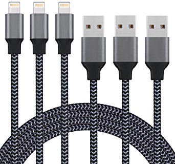 Sundix Lightning Cable 3Pack 10FT Nylon Braided iphone Charger USB Charging Cord, Compatible with iPhone X/8 Plus/8/7/7 Plus/6s/6s Plus/6/6 Plus/5/5S/5C/SE/iPad and iPod (Black)