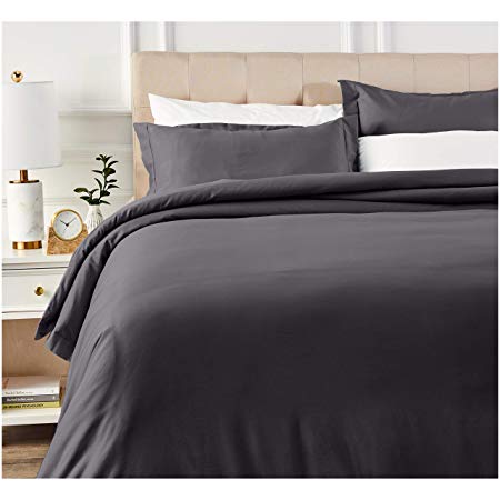 AmazonBasics 400 Thread Count Cotton Duvet Cover Set with Sateen Finish - Full/Queen, Dark Grey