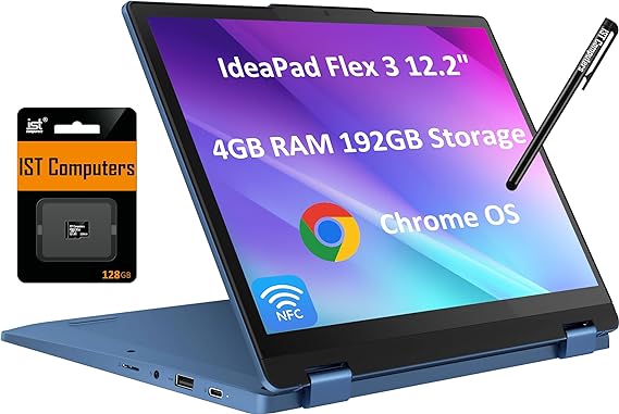 Lenovo Flex 3 3i 2-in-1 Chromebook (12.2" FHD  Touchscreen, Intel N100, 4GB DDR5 RAM, 192GB (64GB eMMC   128GB SD Card)) Student & Education Laptop, Webcam, NFC, HDMI, USB-C, IST Pen, Chrome OS, Blue