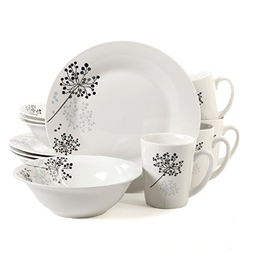 Gibson Decorative Cherry Design 12-Piece Ceramic Porcelain Dinnerware Set, White