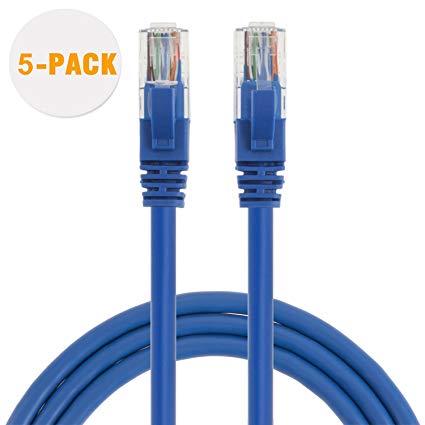 CableCreation 7 Feet (5-Pack) CAT 5e Ethernet Patch Cable, RJ45 Computer Network Cord, Cat 5e Patch Cord LAN Cable UTP 24AWG+100% Copper Wire, L=2.15M, Blue Color