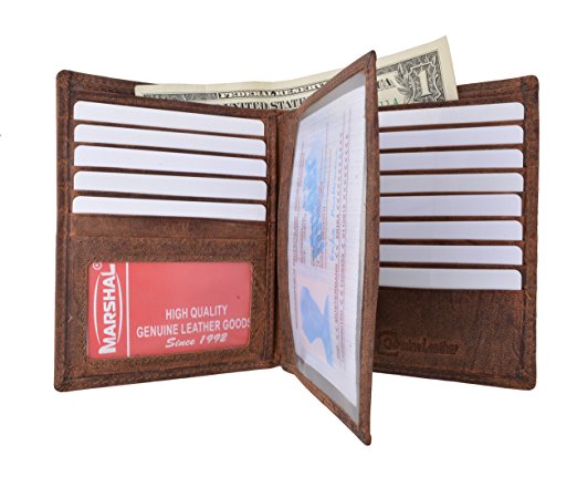 Marshal Bifold Leather RFID Blocking Wallet For Men & Women | Genuine Leather Holder With 20 Slots, 2 Bill Compartments & ID Window | Hipster wallet Money, Driver’s License, Travel & More