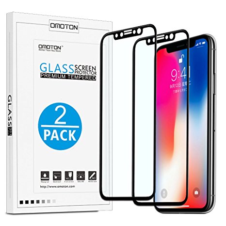 iPhone X 3D Full Coverage Screen Protector [2-Pack] - OMOTON [Tempered Glass] [Easy Installation] [High Responsivity] HD Screen Protector for Apple iPhone X/10