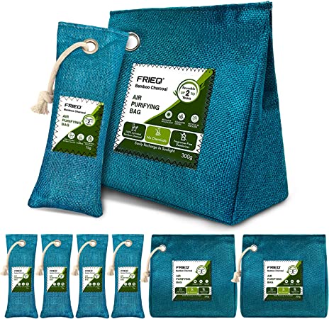 FRIEQ 6 Pack 100% Activated Bamboo Charcoal Air Purifying Bag | Lasts 365+ Days | Charcoal Bags Odor Absorber for Car, Home, Closet, Pet, Shoe ( 2x300g, 4x75g)