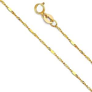 The World Jewelry Center 14k REAL Yellow OR White OR Tri Color Gold Solid 1mm Singapore Chain Necklace with Spring Ring Clasp