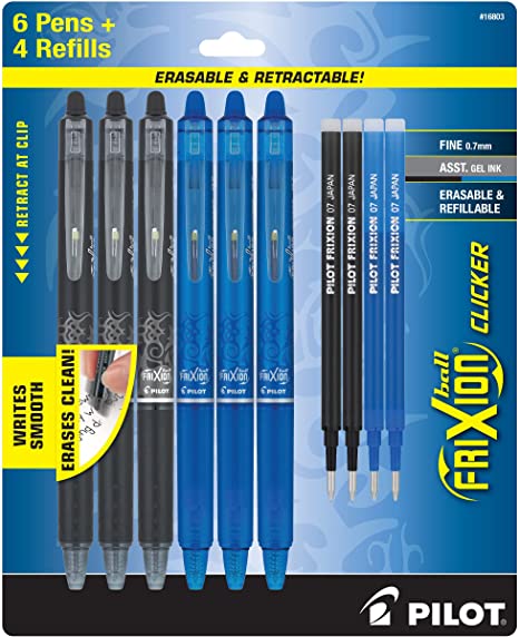 Pilot Frixion Erasable Pens - 6 Pack (3 Black & 3 Blue Ink Pens Included)   4 Bonus Refills - Frixion Clicker Erasable Pens Retractable Gel Ink Pen - Fine Point 0.7 mm Used for Rocketbook & Notebook