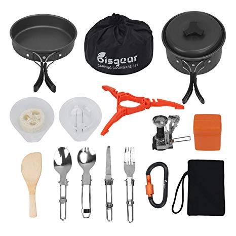 Bisgear 12-17Pcs Camping Cookware Stove Carabiner Canister Stand Tripod Folding Spork Set Outdoor Camping Hiking Backpacking Non-Stick Cooking Picnic Knife Spoon Wine Opener