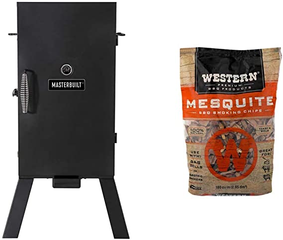 Masterbuilt MB20070210 Analog Electric Smoker with 3 Smoking Racks, 30 inch, Black & WESTERN 78074 BBQ Smoking Chips, 188 cu in, Mesquite