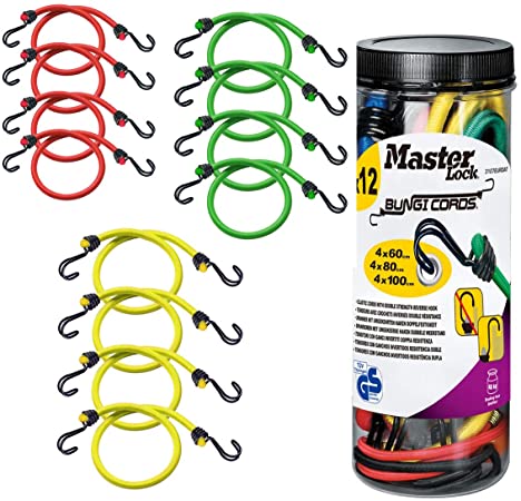 MASTER LOCK 12-pack Bungee cords [4x60cm, 4x80cm, 4x100cm] - 3107EURDAT - For camping, Loads on bicycles, House moving