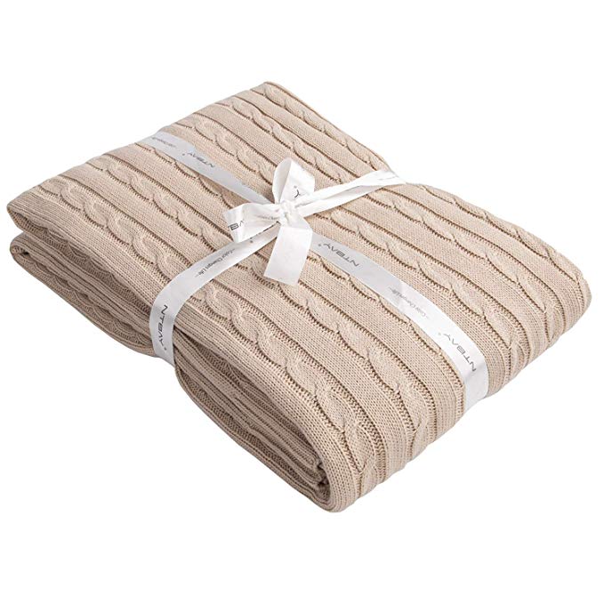 NTBAY 100% Cotton Cable Knit Throw Blanket Super Soft Warm Multi Color (51 x 67 inches, Khaki)