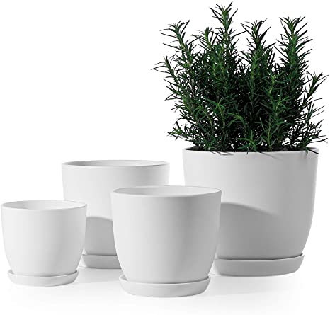 Plastic Plant Pot - POTEY 005 Modern Decorative Indoor Planter with Drainage Hole and Trays for All House Plants - 4 Sets, 7.5/6.3/5.5/4.5 Inch, White