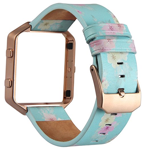 V-Moro for Fitbit Blaze Band with Metal Frame Small Accessories Leather Bands for Fitbit Blaze Smart Fitness Watch 5.5-7.4 Inches (Romantic Flower Band   Rose Gold Frame-Small)