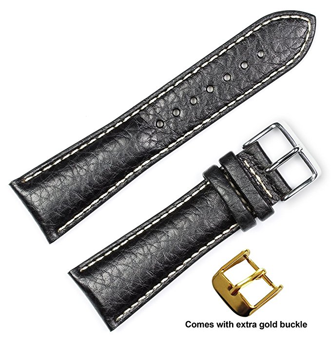 deBeer brand Sport Leather Watch Band (Silver & Gold Buckle) - Black 28mm