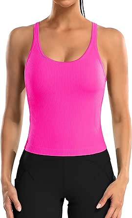 ATTRACO Women Ribbed Workout Crop Tops with Built in Bra Yoga Racerback Tank Top Tight Fit