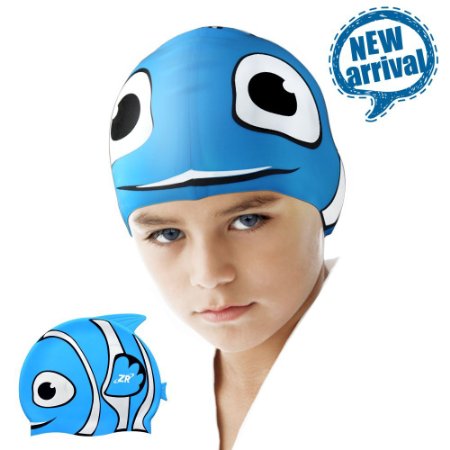 Swim Caps, ZIONOR Silicone Swimming Caps for Youth Kids with Cute Animal Cartoon Elastic Designed Non-toxic, Allergy-free Waterproof, Eco-friendly for Boys Girls 3 - 12 Years Old