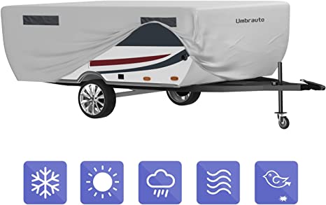 Umbrauto Pop Up Camper Covers Waterproof Pop Up Folding Trailer Cover 3 Layers Polypropylene Breathable Ripstop Anti-UV Pop-Up Tent Trailers Cover Fits 10' - 12' Trailers, Gray