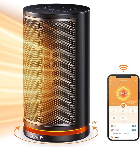 Govee Life Smart Space Heater, Electric Space Heater with Thermostat, Wi-Fi & Bluetooth App Control, Works with Alexa & Google Assistant, 1500W Ceramic Heater for Bedroom, Indoors, Office, Living Room