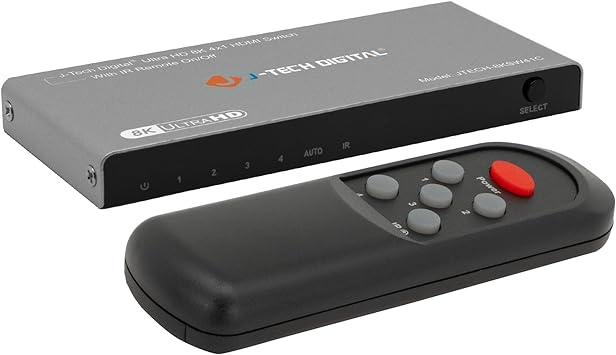 8K 4x1 HDMI Switch 4 Inputs 1 Output | 8K 60Hz, 4K 120Hz, 1080P 240Hz | Compatible w/HDR & Dolby Vision | Supports IR Remote, Auto Switch, ALLM, VRR, QFT by J-Tech Digital [JTECH-8KSW41C]