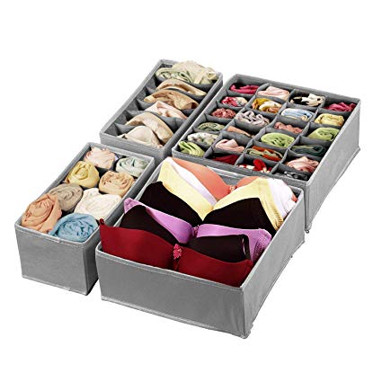 Palazen Drawer Underwear Organiser Collapsible Closet Organiser Foldable Drawer Divider 4 Set, Bras, Socks, Ties, Scarves (Grey)