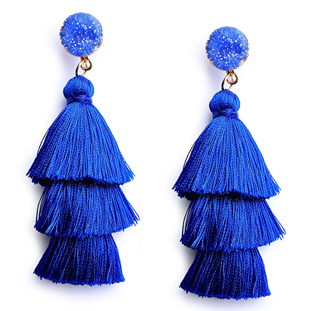 Me&Hz Colorful Layered Tassel Earrings Bohemian Dangle Drop Tiered Tassel Druzy Stud Earrings Women Gifts