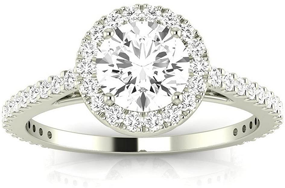 1 Carat t.w. Round Classic Halo Style Pave Set Round Shape Diamond Engagement Ring H-I I2 Clarity Center Stones.