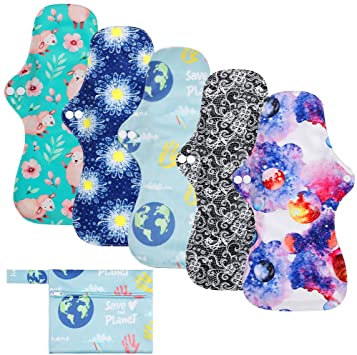 Rovtop 5pcs 35cm Sanitary Pads Washable Cloth Menstrual Pads Menstrual Towel Reusable with Bamboo Charcoal for Women with Scalloped Tail   1 Mini Portable Bag