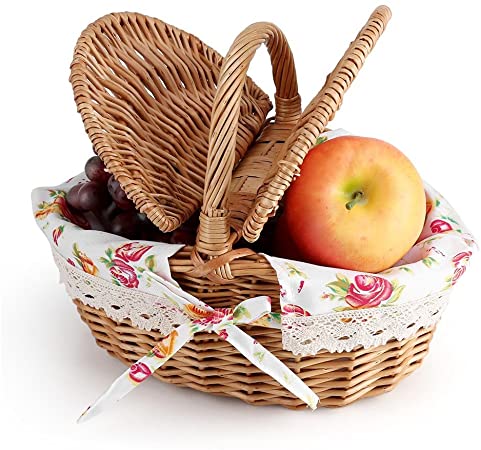 Picnic Basket with Handles - Oval Double Lidded - Wicker Rattan   Floral Linen Cloth - Picnic Storage Organizer - Fruit and Vegetable - for Holiday Camping,Home Decor
