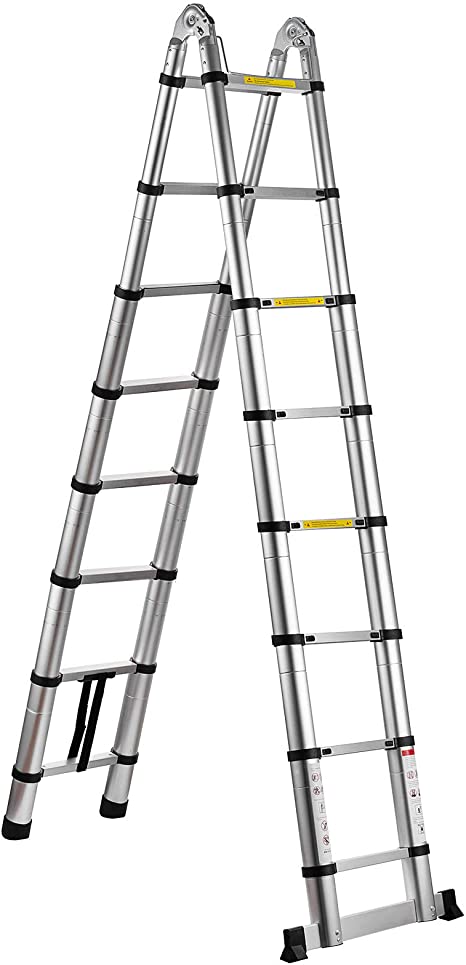 SHZOND 16.5 FT Aluminum Telescopic Extension Ladder 330 LBS Capacity A-Type Telescoping Ladder Multi Purpose Extension Ladder with Spring Loaded Locking (16.5 FT)