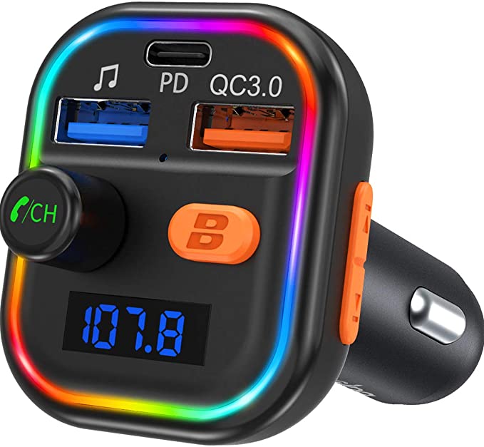 VTIN FM Transmitter For Car Bluetooth 5.0, 41W PD & QC3.0 Quick Charge Bluetooth Transmitter, 9 Backlight Modes with RGB , Wireless Hands-Free MP3 Car Charger Kit, Deep Bass, Support Siri Google Assistant【2020 NEW ARRIVAL】