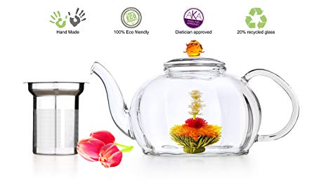 Blooming Tea Glass Teapot with Stainless Steel Infuser Amber Royal 50 oz Large Teapot Non-Drip Lead Free Glass Hand crafted Amber Rose
