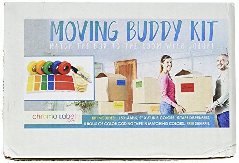 Home Moving Buddy Kit: Matching Tape & Label Color Coding Pack | 150 Labels, 5 Rolls of Matching, Clean-Remove Tape w/ Dispensers, Permanent Marker - Language Proof Your Move!