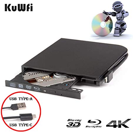KuWFi 3D 4K Blu-Ray Player External DVD Drive for Laptop USB3.0 Type-A & Type-C interfaces Portable Slim Automatic Slot-Loading CD/DVD-RAM Superdrive Burner with High Speed Data for PC Windows Mac OS