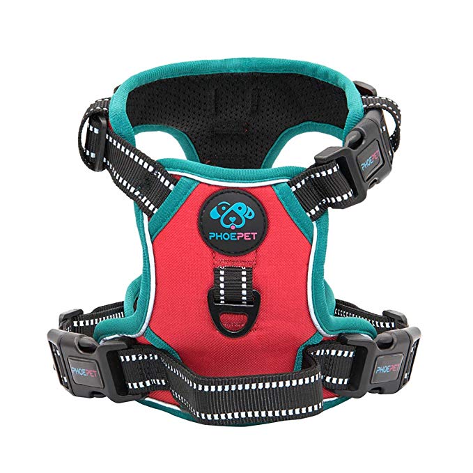 PHOEPET 2019 Upgraded No Pull Dog Harness, Unique Colors Reflective Adjustable Vest, with a Training Handle   2 Metal Leash Hooks  3 Snap Buckles  4 Slide Buckles [Easy to Put on & Take Off]