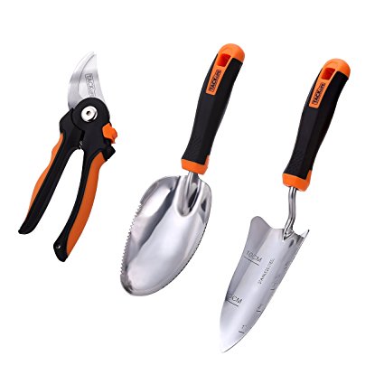 Tacklife Garden Tools Set - Heavy Duty Stainless Steel, Soft Rubberized Non-slip Handle - 8" Sharp Pruning Shears, Transplant Trowel and Soil Scoop - Garden Gifts for Men & Women - GGT3A