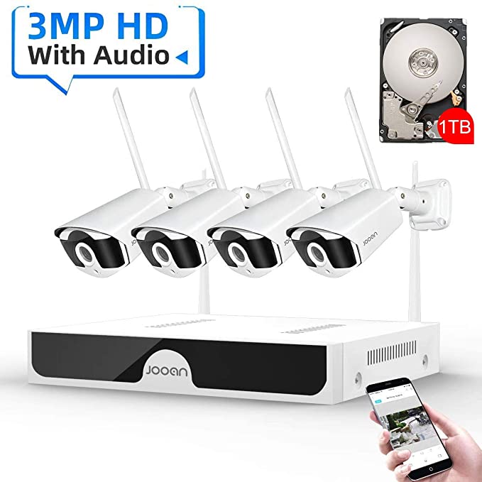 JOOAN 3MP Security Camera System Wireless,8-Channel NVR&4Pcs FHD (Clearer Than 1080P) Audio Record CCTV Cameras,Waterproof&Good Night Vision,Motion Alert(with 1TB Hard Drive)