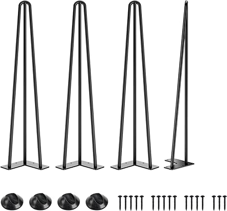 SMARTSTANDARD Hairpin Table Legs 24 Inch, 1/2'' in Diameter 3 Rods, Metal Home DIY Projects for Nightstand, Coffee Table, Dresser with Rubber Floor Protectors, Black, 4PCS