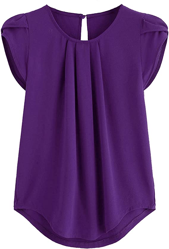 Milumia Women's Casual Round Neck Basic Pleated Top Cap Sleeve Curved Keyhole Back Blouse