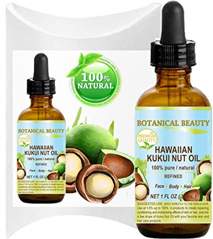 KUKUI NUT OIL HAWAIIAN 100% Pure/Refined Cold Pressed Carrier Oil for Skin, Hair, Lip and Nail Care. by Botanical Beauty (1 Fl. oz. - 30 ml.)