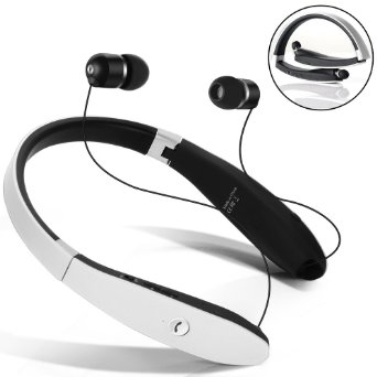 Bluetooth Headset, Dostyle Wireless Bluetooth Stereo Headphones Headsets Neckband Foldable Sweatproof with Retractable Earbuds with Mic for iPhone 6s Samsung S6 and Android (White)