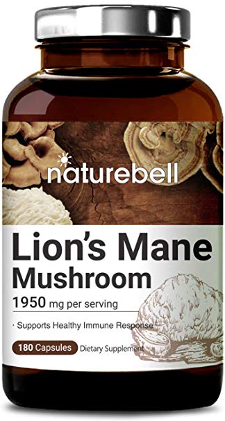 NatureBell Maximum Strength Organic Lion's Mane Mushroom, 1950mg Per Serving, 180 Capsules, Strongly Supports Healthy Immune Functions, No GMOs and Made in USA