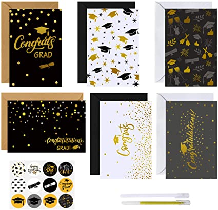 Supla 54 Sets 6 Gold Foil Designs Graduation Cards Congratulations Greeting Cards Congrats Cards Blank Grad Cards with Envelopes Stickers Pens Bulk Set College High School Graduation Cards