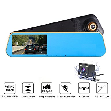 TENNBOO Mirror Camera 170° Front and 140° Rear ,Full HD Dash Cam with Back Camera,4.3" LCD screen DVR