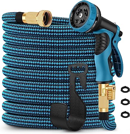 Garden Hose 100ft with 10 Function Spray Nozzle, Leakproof Water Hose Design with Solid Brass Connectors,Easy Storage and Usage(Blue and Black)
