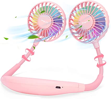 Portable Neck Fan with Colorful Led Light 360° Rotation - Quiet Hand Free USB Rechargeable Battery Operated Small Personal Fans for Kids Travel Camping Outdoor Office | Pink
