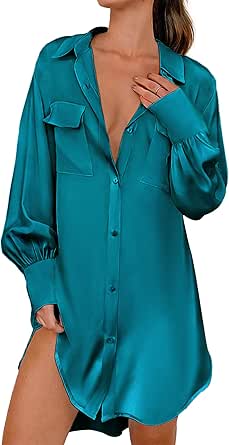 Ekouaer Women Satin Sleep Shirt Long Sleeve Nightgown Button Down Nightshirt Silk Sleepwear Soft Pajama Dress Sleep Dress