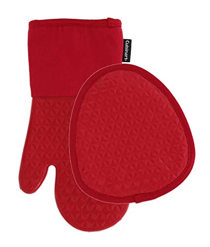 Cuisinart Silicone Kitchen Oven Mitts/Gloves & Potholder Set - Heat Resistant up to 500 F, Handle Hot Oven/Cooking Items Safely - Non-Slip Grip and Hanging Loop– Trillion- Haute Red, 2pk