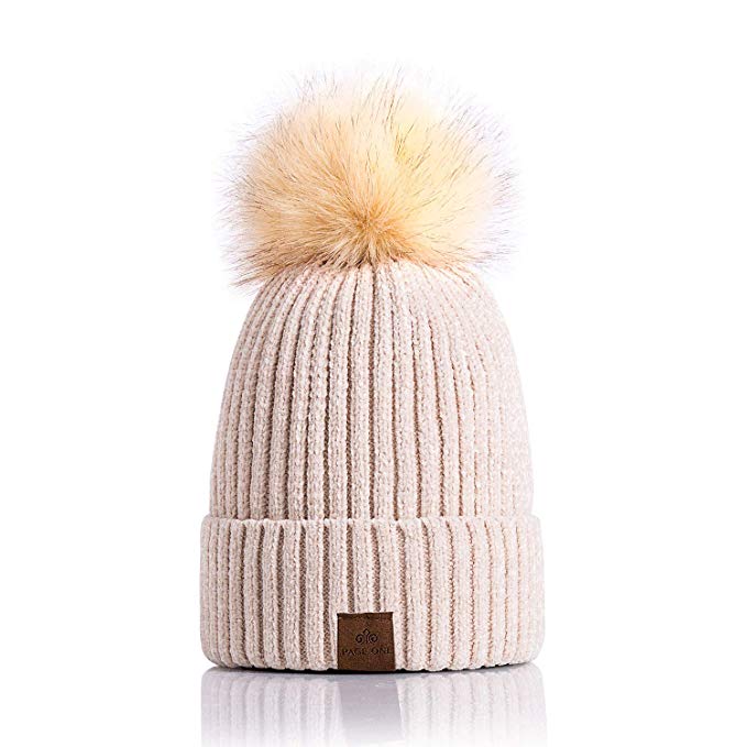 PAGE ONE Women Winter Pom Pom Beanie Hats Warm Fleece Lined,Chunky Trendy Cute Chenille Knit Twist Cap