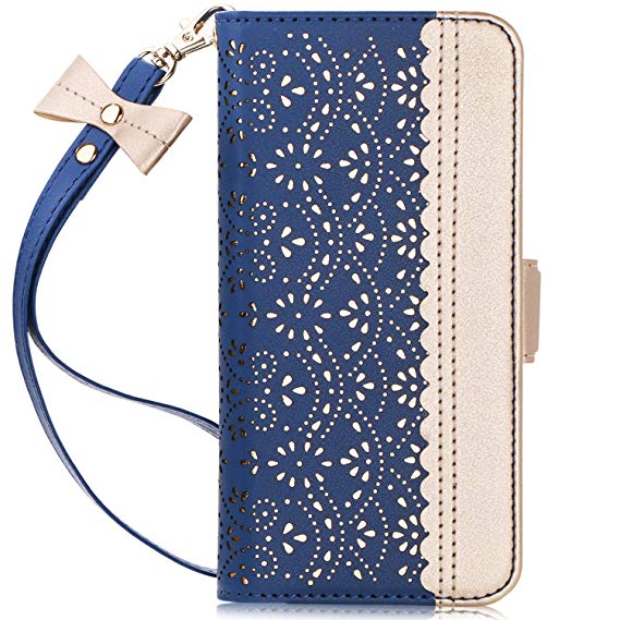 WWW Samsung Galaxy S10 Plus Case,Galaxy S10 Plus Wallet Case, [Luxurious Romantic Carved Flower] Leather Wallet Case [Inside Makeup Mirror] [Kickstand Feature] for Galaxy S10 Plus 6.4"(2019) Navy Blue