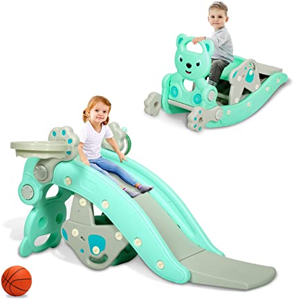 Kinbor Baby 4 in 1 Rocking Horse Slide Set Toddler Climbing and Animal Rocker with Basketball Hoop and Ferrule Indoor and Outdoor for Boys and Girls Green